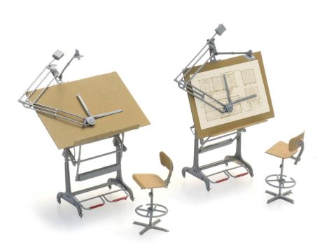 Artitec Set tekentafels met stoelen (2x) - Kant-en-klaar model uit etswerk, beschilderd - H0 / 1:87 (AR387.474)
