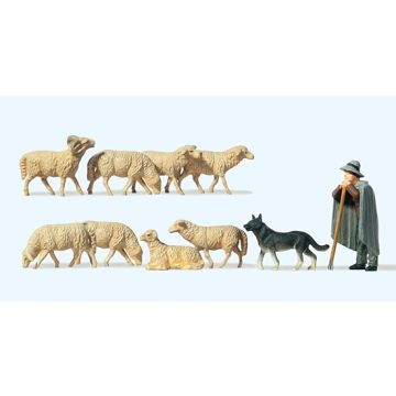 Preiser Schaapherder met schapen en hond - H0 / 1:87 (PR65325)