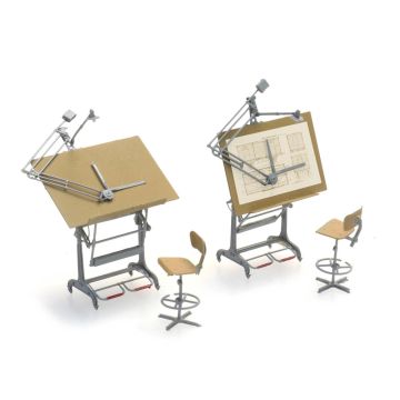 Artitec Set tekentafels met stoelen (2x) - Kant-en-klaar model uit etswerk, beschilderd - H0 / 1:87 (AR387.474)
